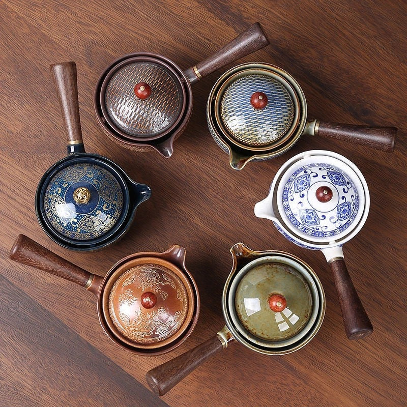 Ceramic Teapot With Wooden Handle.